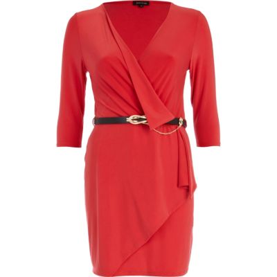 Red wrap front belted dress