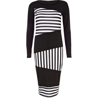 Black and white stripe panel midi dress
