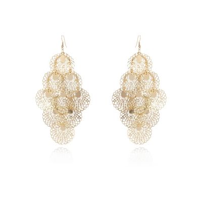 Gold tone filigree disc drop earrings