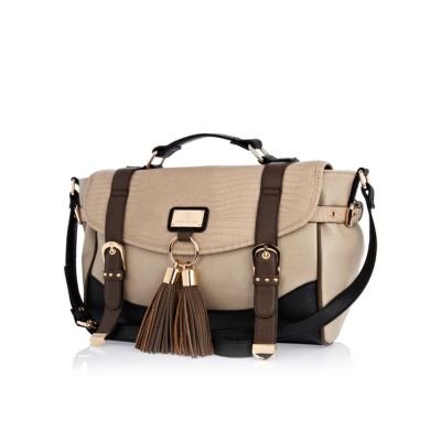 Brown colour block tassel satchel