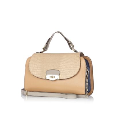 Beige contrast panel structured satchel bag