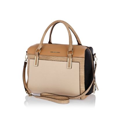 Beige colour block bowler bag 