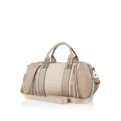 Beige stud embellished bowler bag