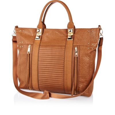 Brown tumbled contrast panel tote bag 
