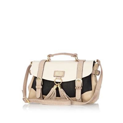 Beige colour block tassel satchel 