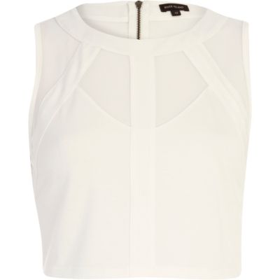 White mesh panel sleeveless crop top