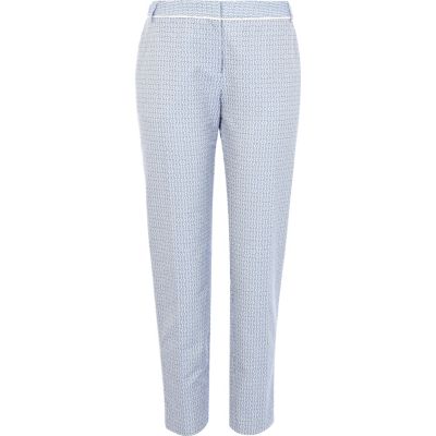 Blue tile print jacquard trousers