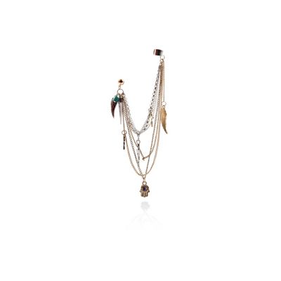 Gold tone draped chain pendant ear cuff