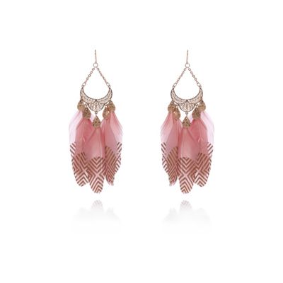 Pink printed feather drop earrings