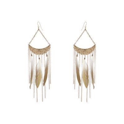 Gold tone dip dye feather drop earrings