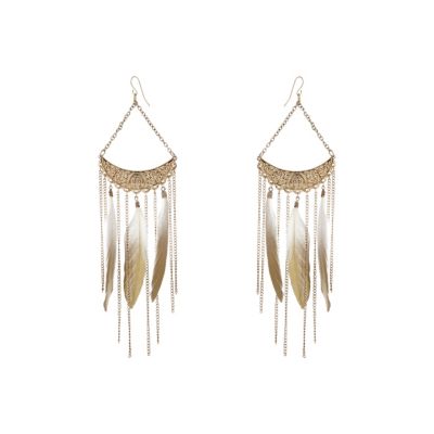 Gold tone dip dye feather drop earrings
