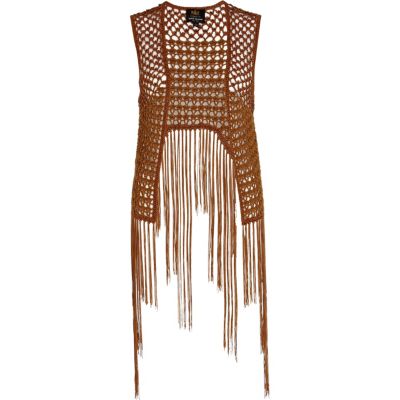 Brown beaded crochet dip hem waistcoat 