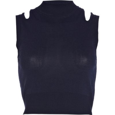 Navy cut out shoulder knitted crop top 