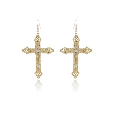 Gold tone filigree cross earrings