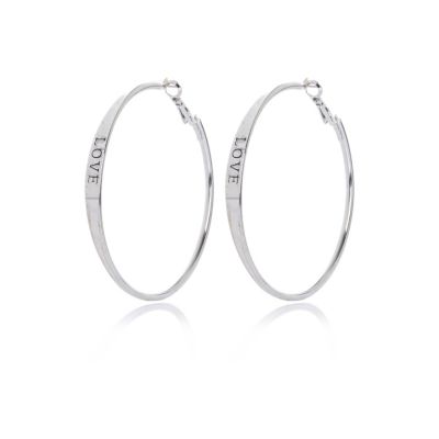 Silver tone love hoop earrings
