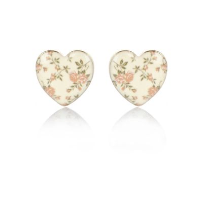 Cream floral print enamel heart earrings