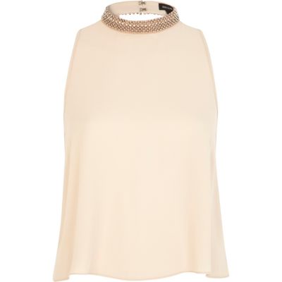 Cream embellished neck tank top