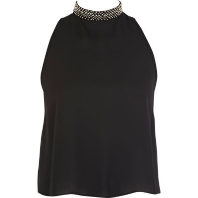 Black embellished neck tank top