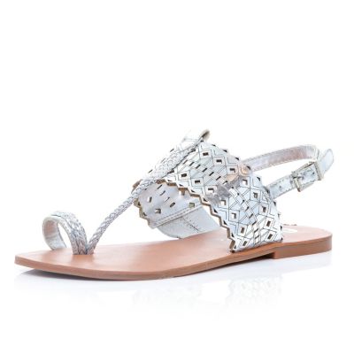 Silver laser cut toe loop sandals