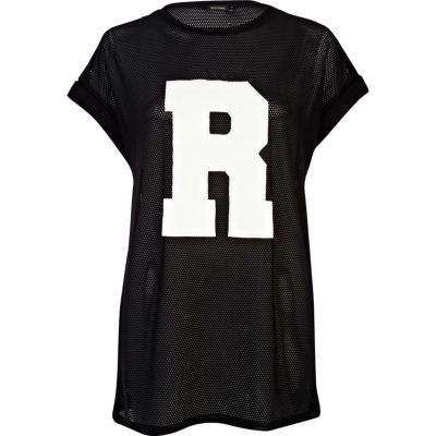 Black R print mesh oversized t-shirt