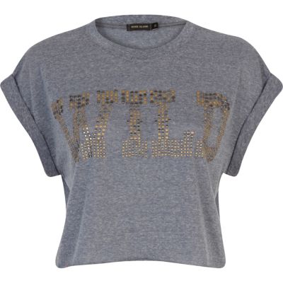 Grey wild studded cropped t-shirt