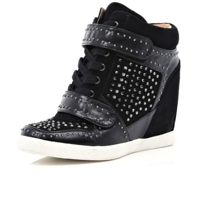 Black diamante concealed wedge high tops