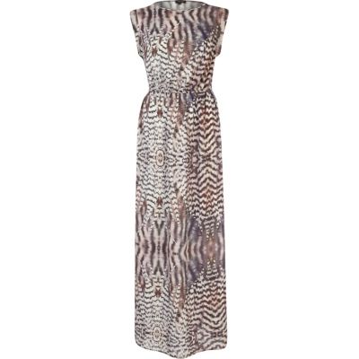 Grey feather print sleeveless maxi dress
