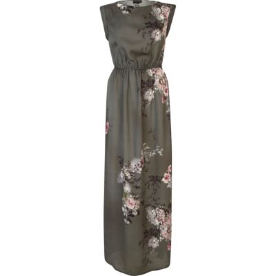 Grey floral print sleeveless maxi dress