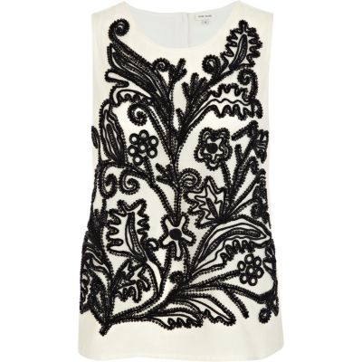 White pattern embellished tank top