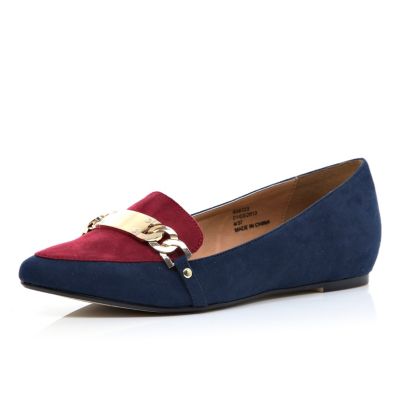 Navy colour block pointed loafers