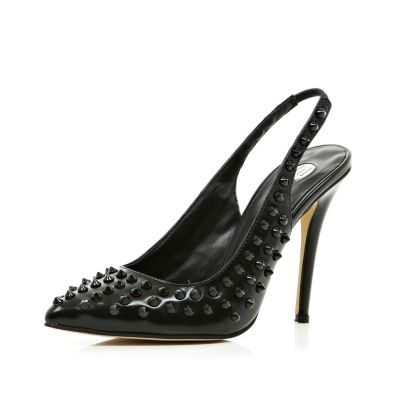 Black studded sling back pointed court shoes