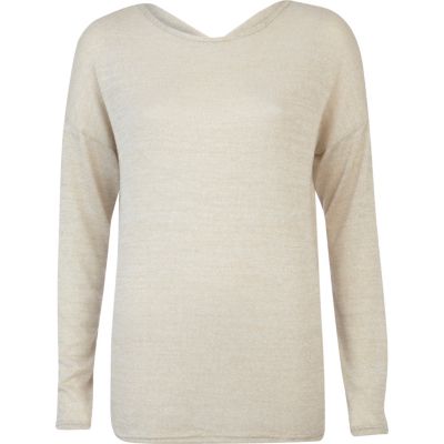 Cream open cross back long sleeve t-shirt
