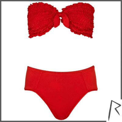 Red Rihanna ruched bandeau bikini set