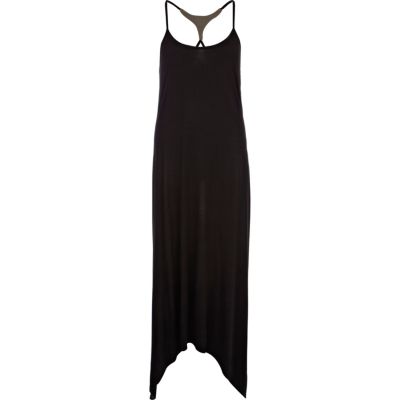 Black metal plate back dip hem maxi dress