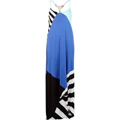 Blue colour block metal plate back maxi dress