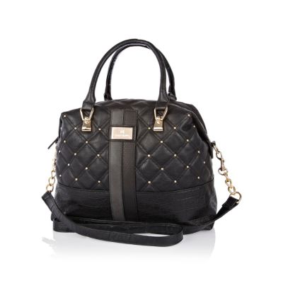 Black quilted panel studded bowler bag 