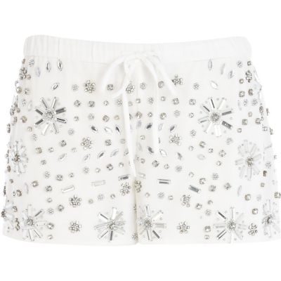White gem stone embellished smart shorts