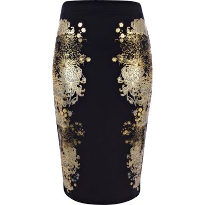 Black oriental placement print pencil skirt