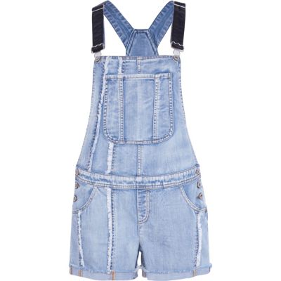 Light wash frayed panel denim dungarees