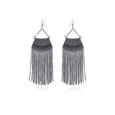 Silver tone tribal tassel drop earrings