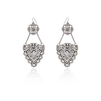 Silver tone diamante drop earrings