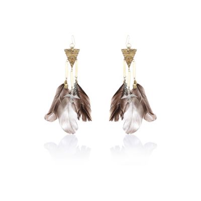 Brown tribal feather drop earrings