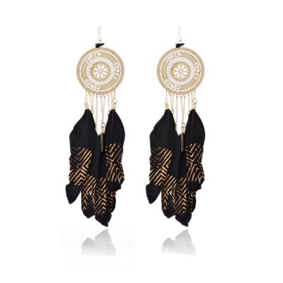 Black filigree tribal feather earrings