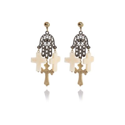 White filigree hand and cross drop earrings