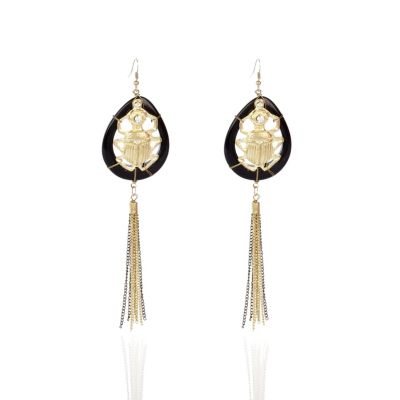 Gold tone beetle tassel drop earrings
