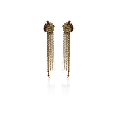 Gold tone lion head chain earrings