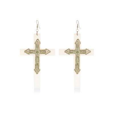 Gold tone filigree cross drop earrings