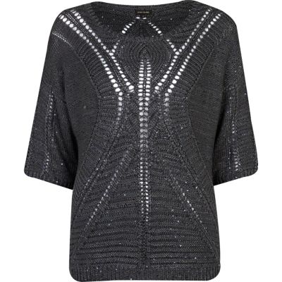 Khaki crochet sequin embellished top