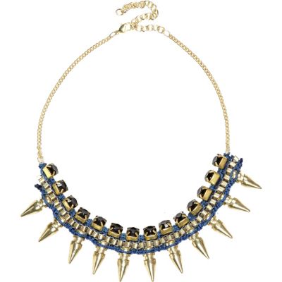 Blue cord wrapped spike necklace