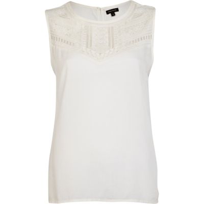 Cream embroidered neck tank top